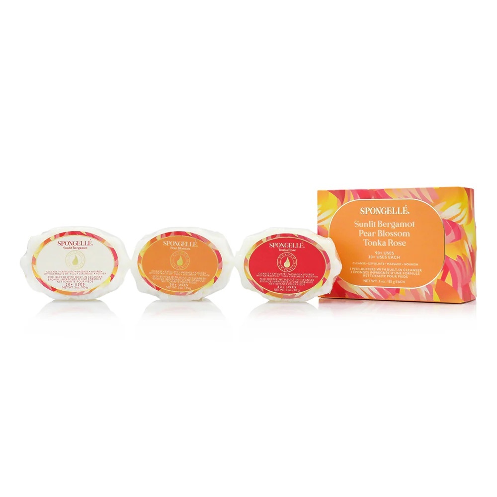 Spongelle Pedi Buffers Trio Set | Sunlit Bergamot, Pear Blossom, Tonka Rose